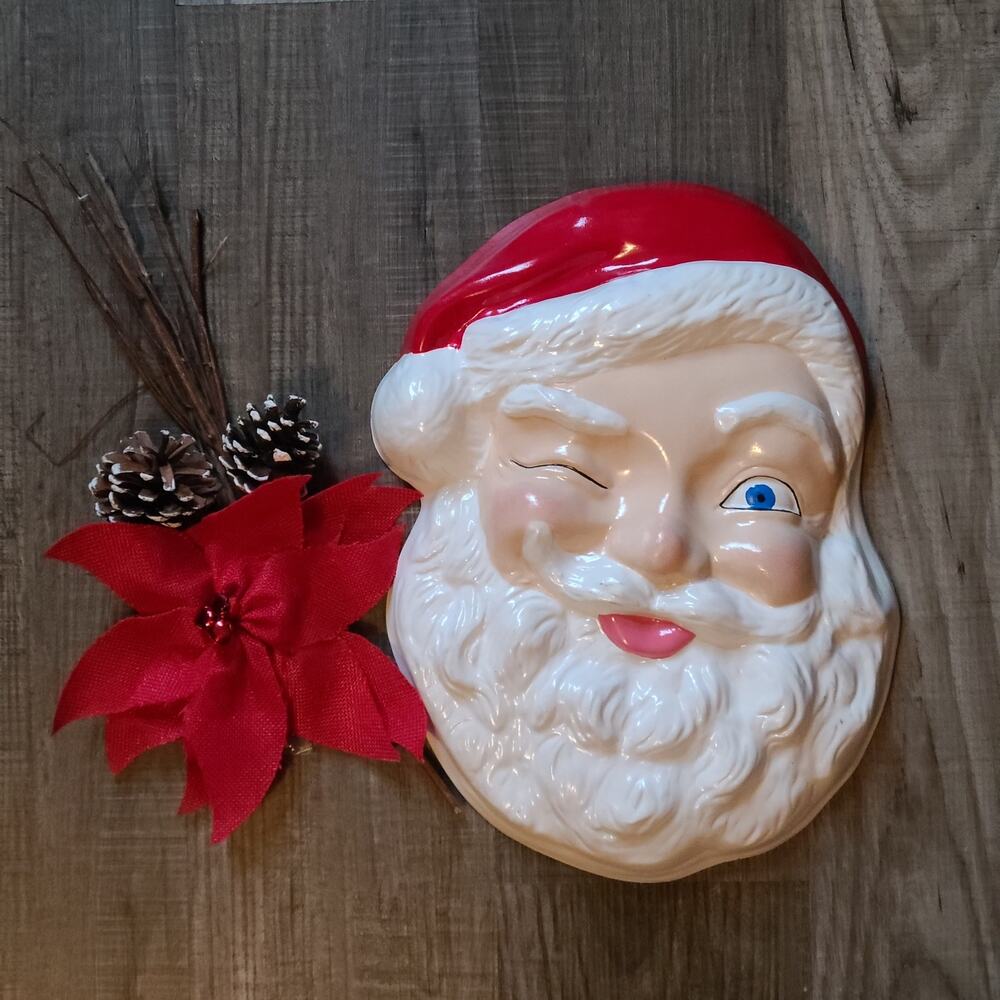 Happy Christmas Winking Santa Face Wall Hanging Vintage Hand Painted Ceramic